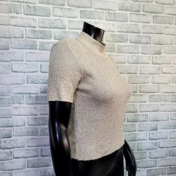 Vintage 90s Real Ellemenno Womens L Champagne Ribbed Stretch Knit S/S Turtleneck - Picture 3 of 6
